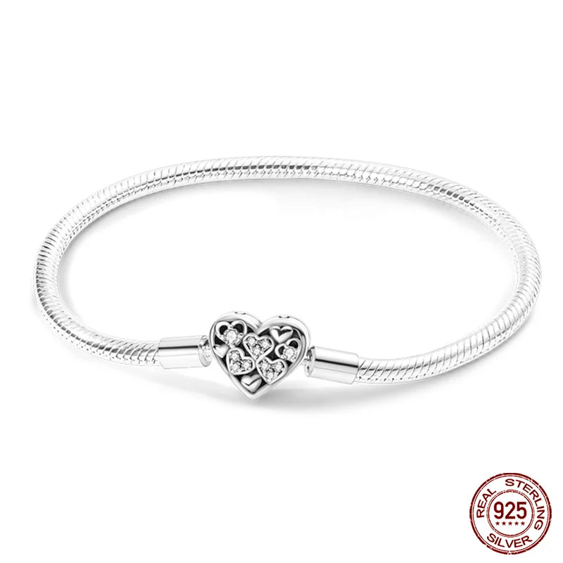 925 Sterling Silver Charm Bracelet – Star Moon Sun Four Leaf Clover Zircon | DIY Birthday Gift for Women (17-20cm)