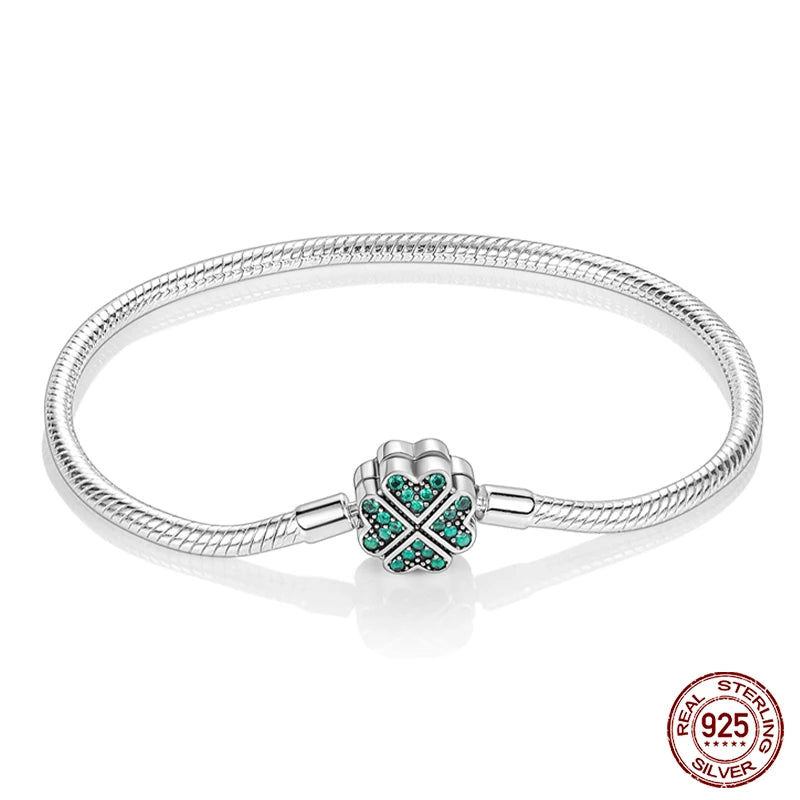 925 Sterling Silver Charm Bracelet – Star Moon Sun Four Leaf Clover Zircon | DIY Birthday Gift for Women (17-20cm)
