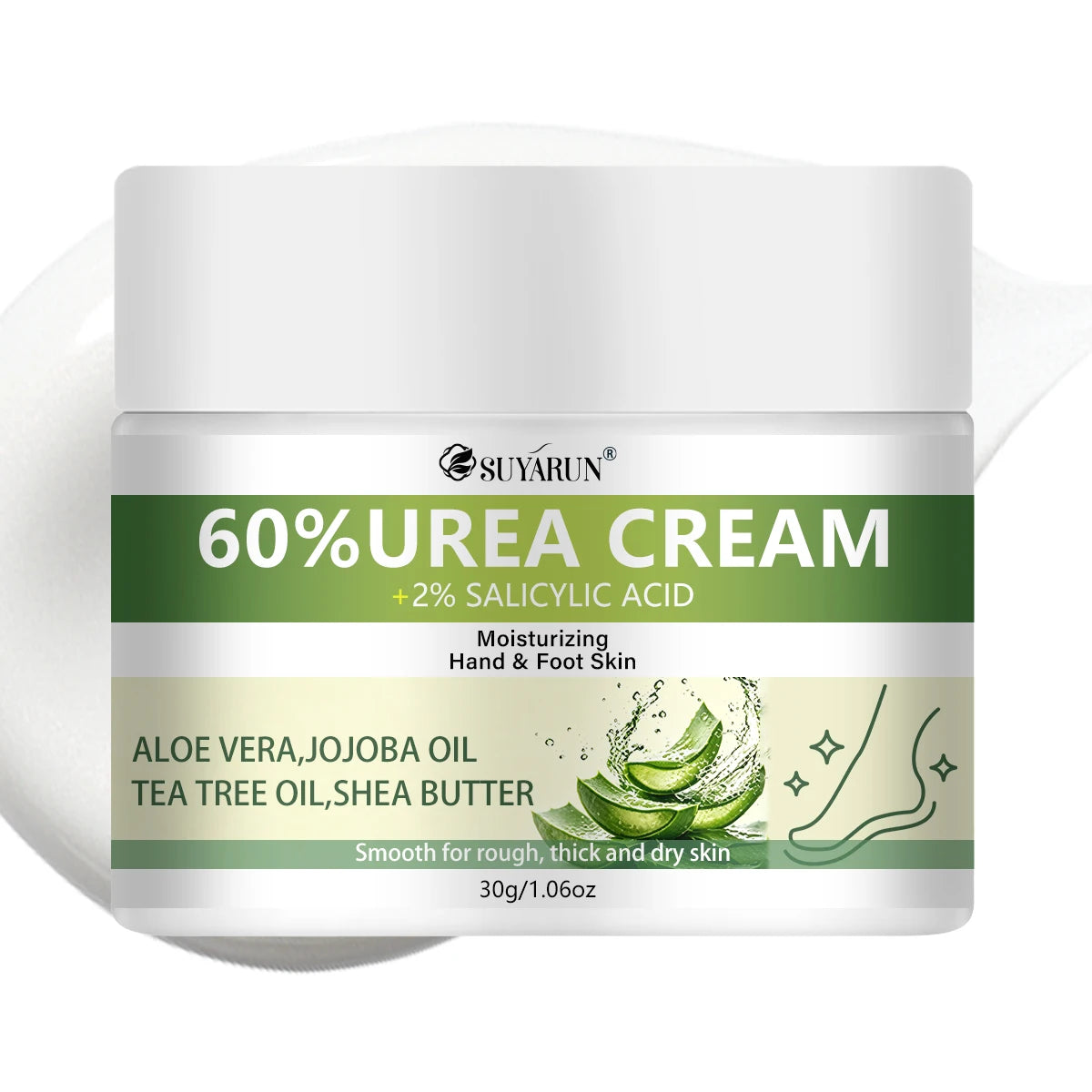 SUYARUN 60% Urea+2% Salicylic Acid Exfoliating Foot Cream, Aloe & Tea Tree, Soothing Moisturizing & Hydrating for Cracked Heels.