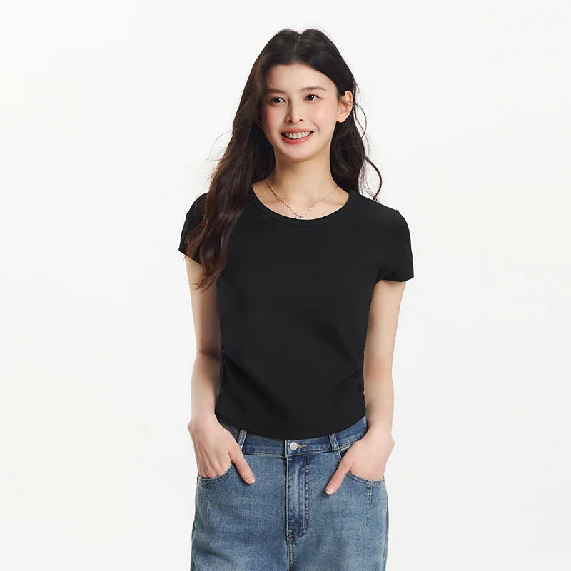 Semir Short Sleeve T-Shirt Women Cropped Slim Fit Shoulder Fit Design 2026 New Summer Embroidered Top Versatile for Chic Outfits