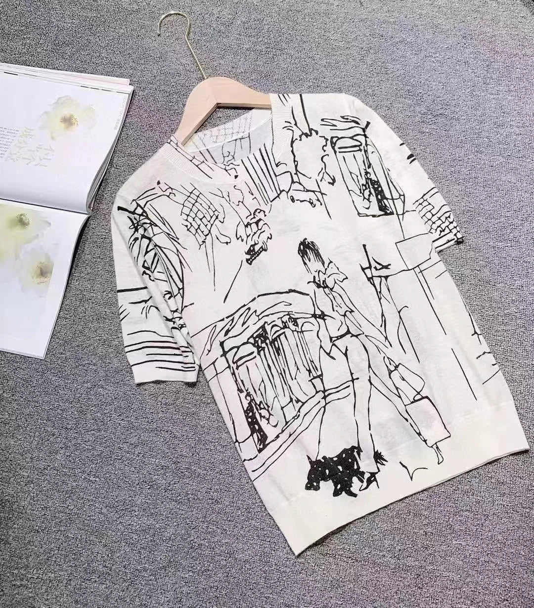 Summer Women's Thin Section Graffiti Digital Jacquard Round Neck Fine Imitation Wool Knitted Short-sleeved T-shirt  Pullover Top