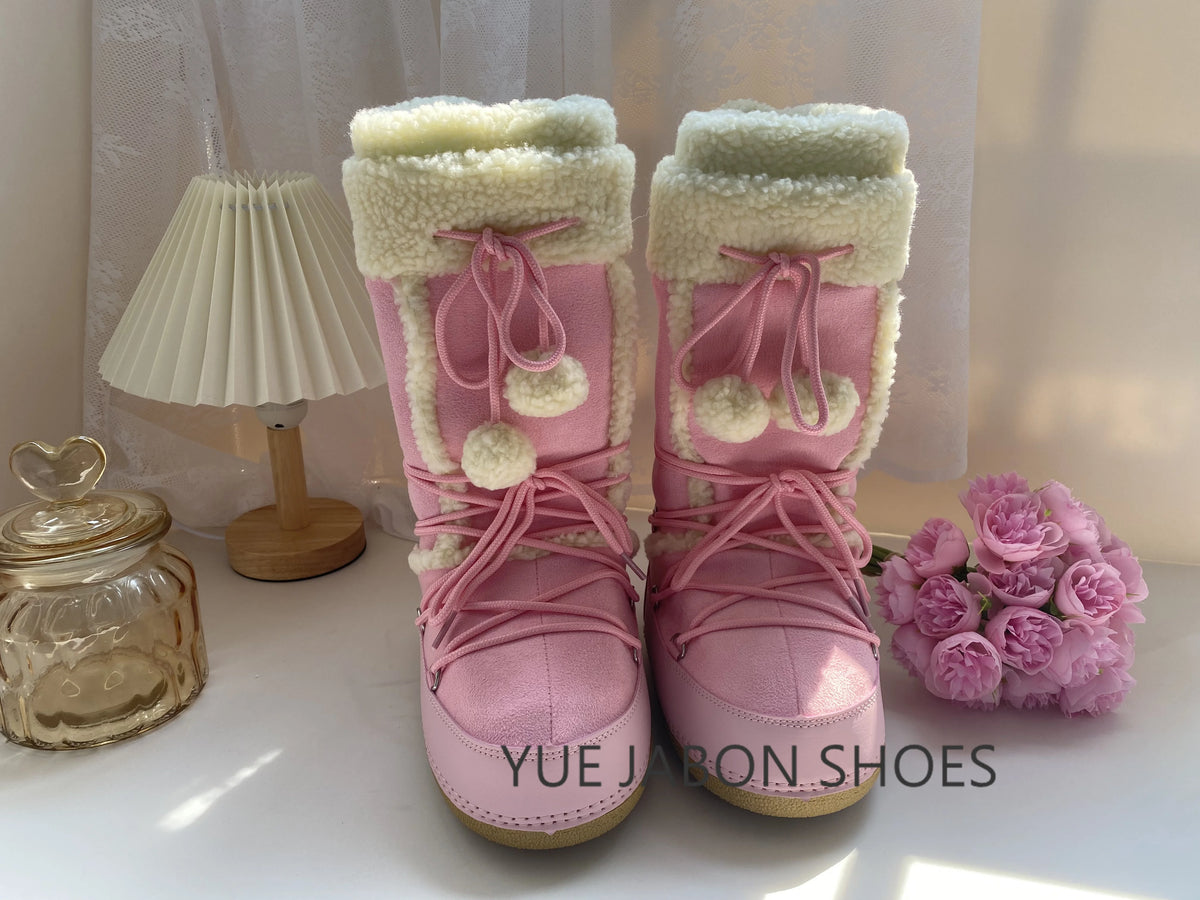 Women's Pink Plush Lace-Up Snow Boots, Platform