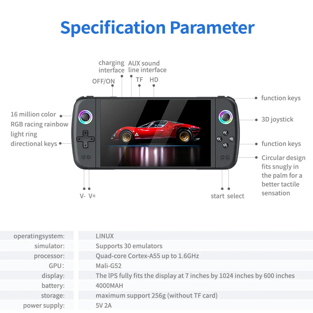 Reebolnic M27 Game Console 7.0 Inch IPS Screen 30+Simulators 30,000+Games Installed Retro Handheld Game Console Portable 4000mAh