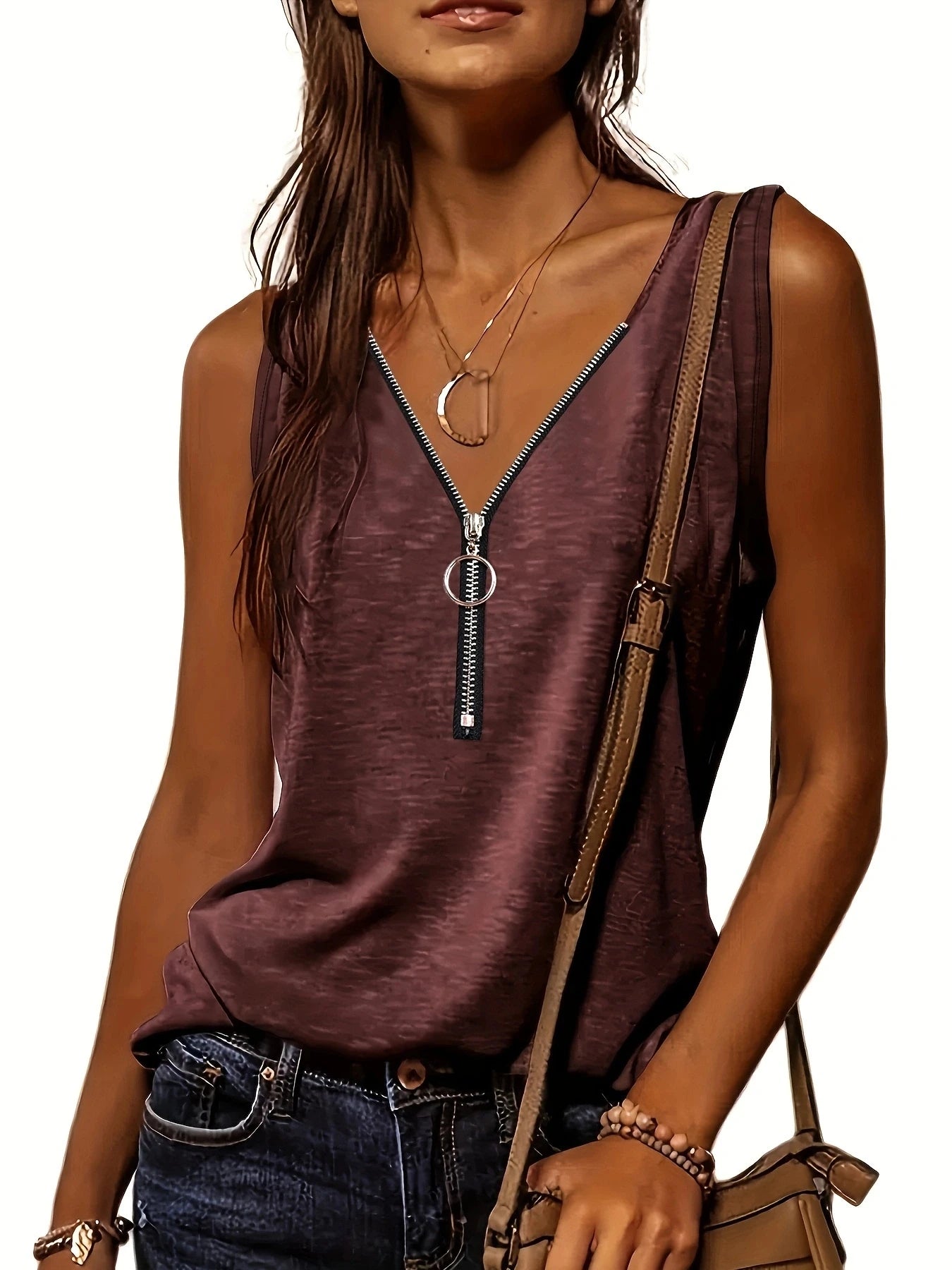 Versatile Women's V-Neck Half-Zip Tank Top - Casual All-Season Wear with Durable Stretch Fabric