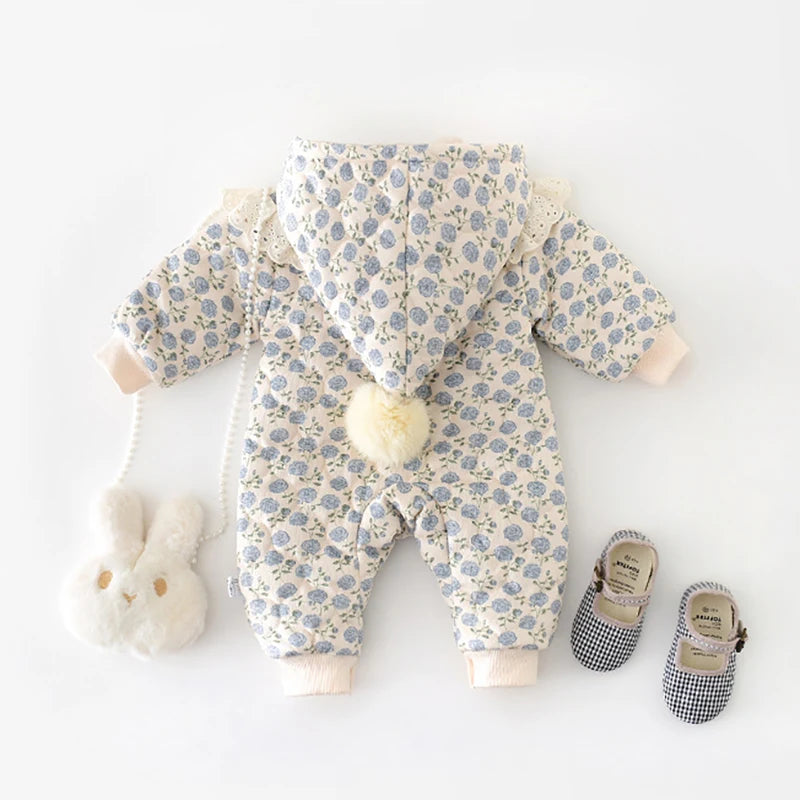 Baby Floral Hooded Winter Jumpsuit - Thick Warm Romper, 0-2 Years - photo 2