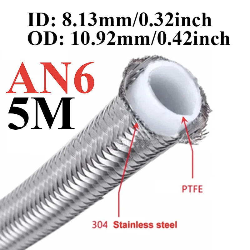 1M/2M/3M/5M AN3 AN4 AN6 AN8 AN10 Racing Hose 304 Stainless Steel Braided PTFE Brake Hose Fuel Oil Line Oil Cooler Hose Pipe