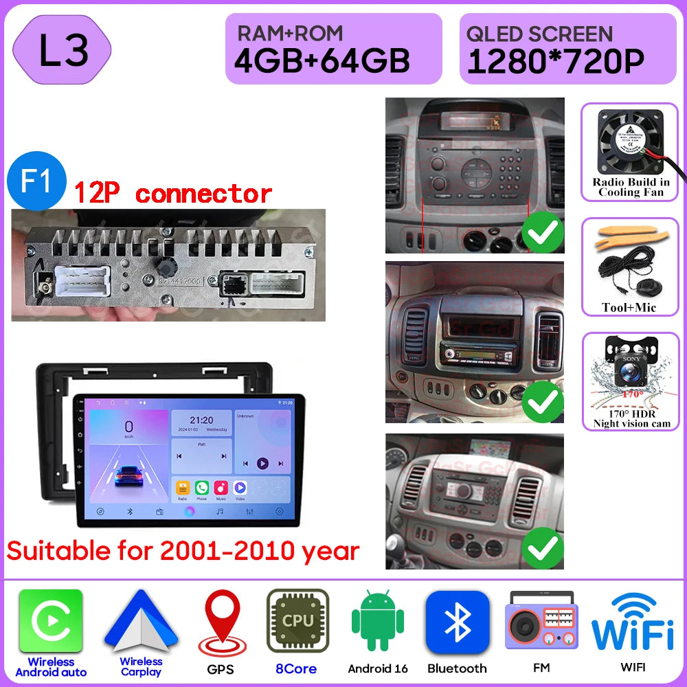 Car Stereo with Apple CarPlay & Android Auto, Compatible with Renault Trafic 2, Opel Vivaro A & Nissan Primastar