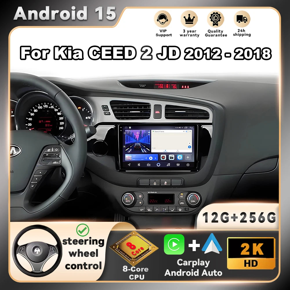 Android 15 Carplay For Kia CEED 2 JD 2012 - 2018 Car Radio Stereo Multimidia Player GPS Bluetooth DSP 2din Stereo QLED Screen