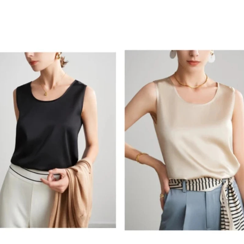 Summer Satin Mulberry Silk Tank Top Casual Versatile Champagne Tops Woman 2026 New Fashion Elegant Vest Loose Sleeveless T-shirt