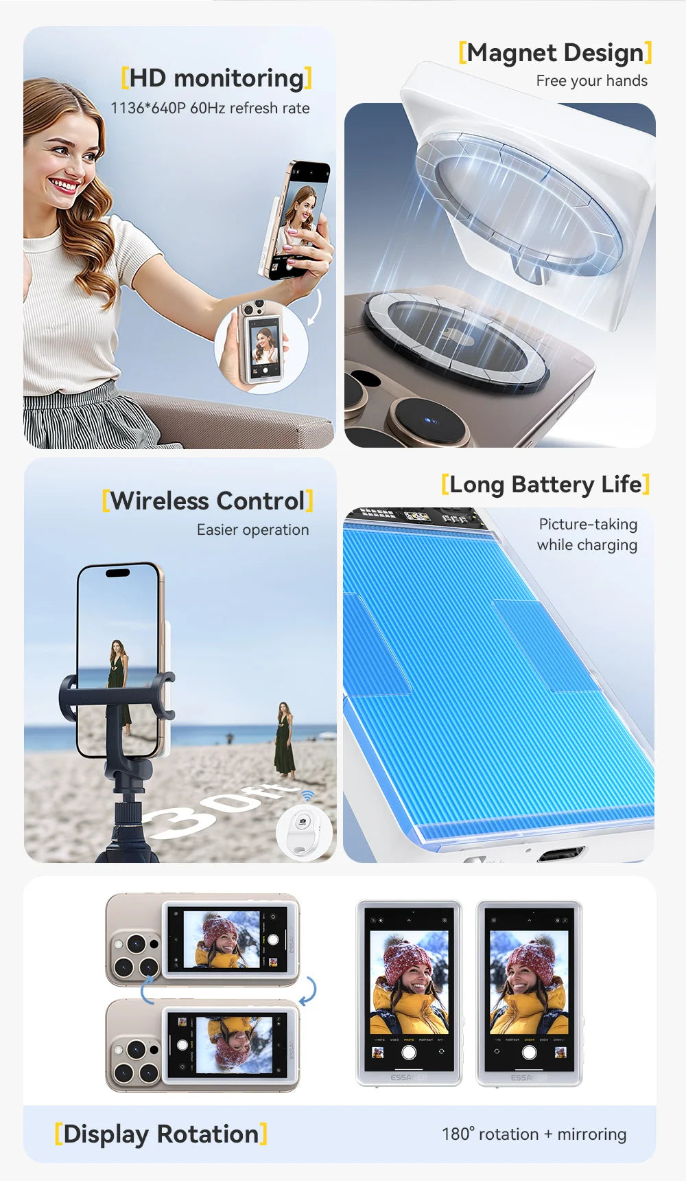 ESSAGER Magnetic Phone Selfie Monitor Screen for Smartphone Rear Camera Selfie Vlog Live Stream for iPhone Android phone