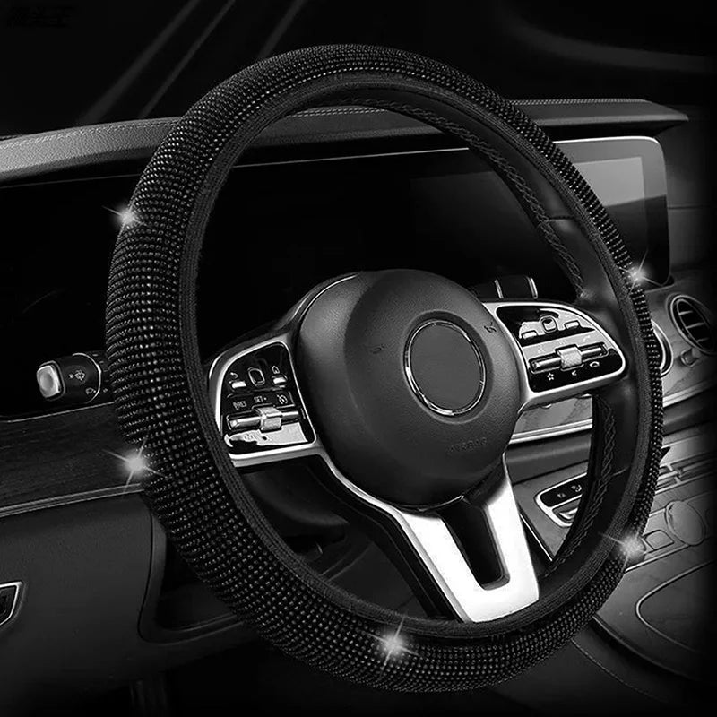 Fashion Crystal Car Steering Wheel Cover 38cm Breathable Anti Slip PU Rhinestone Car Decoration Diamond Car Accessories