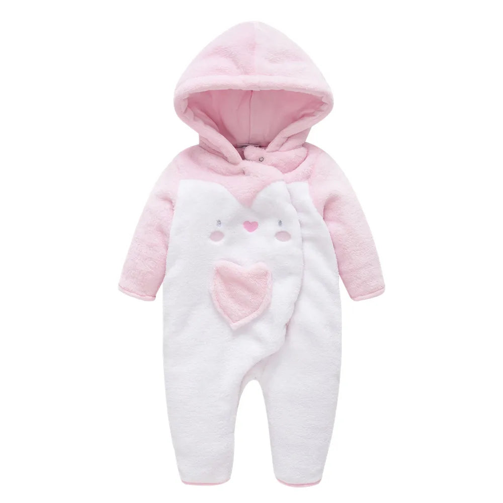 Baby Girl Hooded Cartoon Romper - Thick Long Sleeve Winter Jumpsuit
