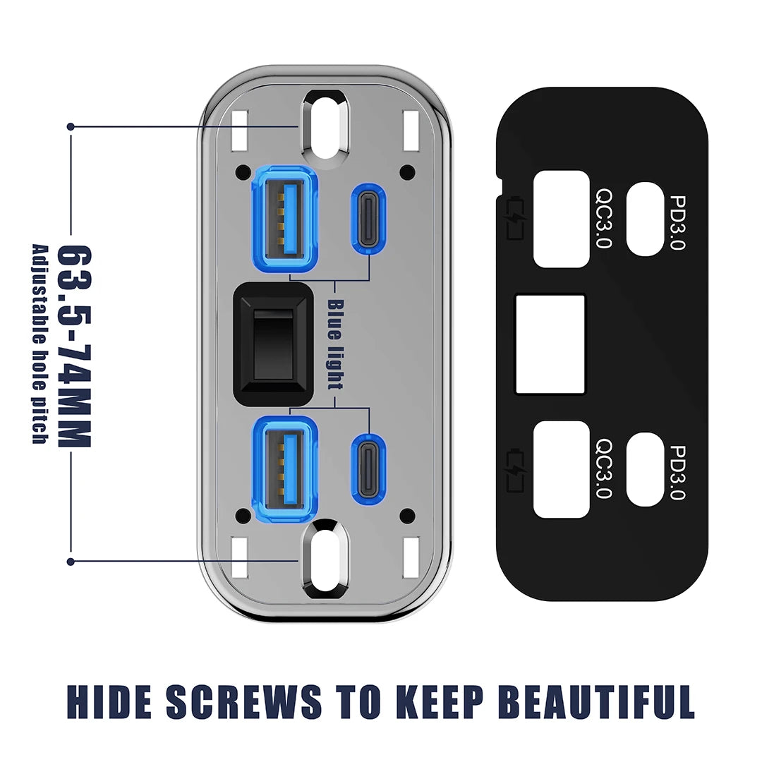 12V-24V 4 Ports Dual USB PD3.0 QC3.0 Outlet 76W Type-C Quick Charge Panel Wall Mount Charger Adapter for Marine Bus ATV Truck RV