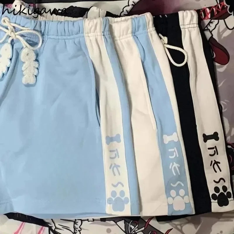 Summer Japanese High Waisted Shorts Women Cute Cat Cartoon Print Cotton Short Pants Casual Fashion Female Bottoms Shorts New