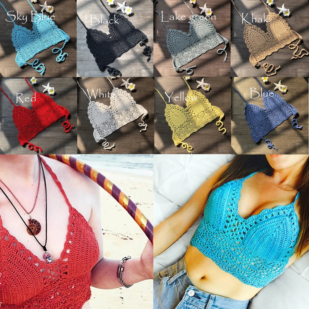 Sexy Beachwear Halter Neck Vest Crochet Crop Top Knit Bralette Bra Boho Beach Camisoles Bikini Tank Backless Tops