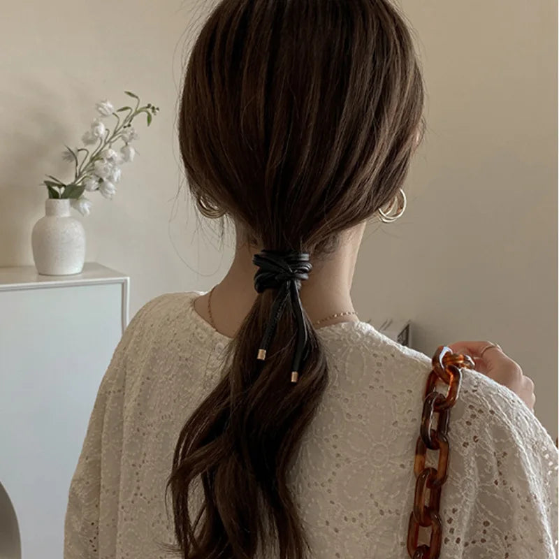 Pu Leather Hair Rope Scrunchies Black Brown Color Long Wire Hair Ring Ties Braided Headband Ponytail Holder Hair Accessories