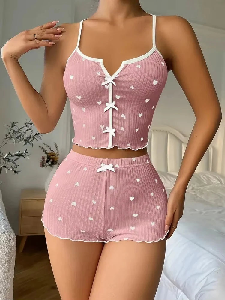 Women's Heart Print Silk Satin Pajama Set – V-Neck Sleeveless Cami Top & Shorts Loungewear | S–XL (4 Sets)