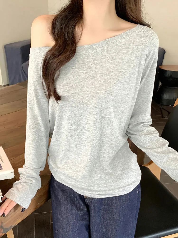 Women's Oversized Off-Shoulder Long-Sleeve Top — Casual Korean Basic Tee