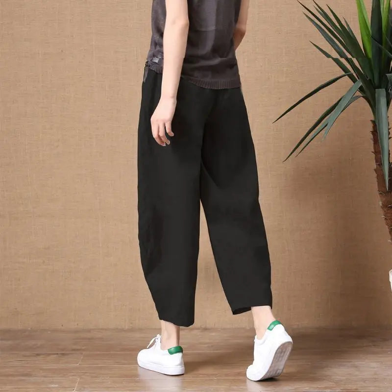 Loose Wide Leg Cotton Linen Pants High Waist Nine Points Women's plus Size Summer New Sle Casual Trousers Versatile Loose Fit