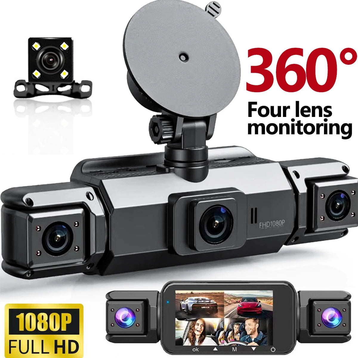 360° Car DVR Dash Cam 4 Lens Front Rear Left Right Inside IPS Screen Rotatable Lens Night Vision 24H Parking G-Sensor Black Box