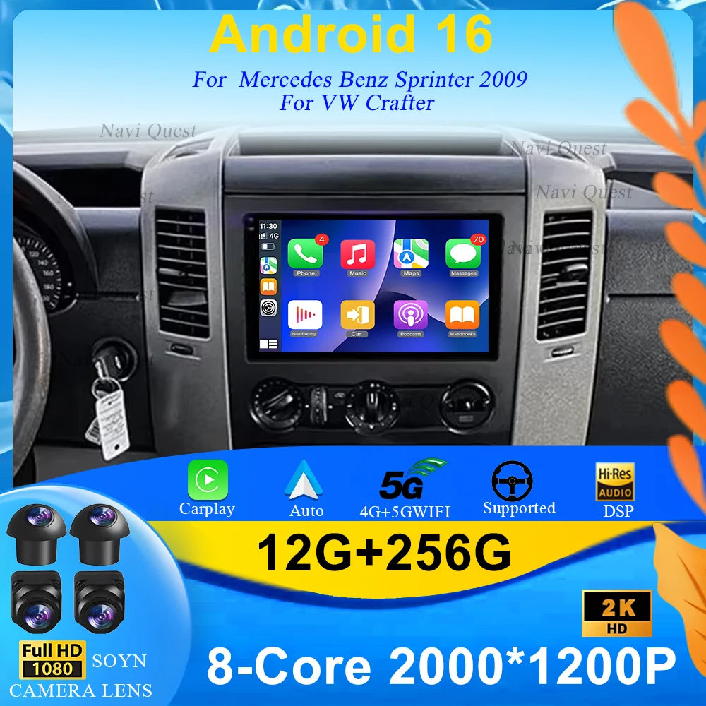 10" CarPlay+auto Android 16 For VW Crafter For Mercedes Benz Sprinter Car Radio Multimedia Video Player GPS stereo 5GWIFI+4G DSP
