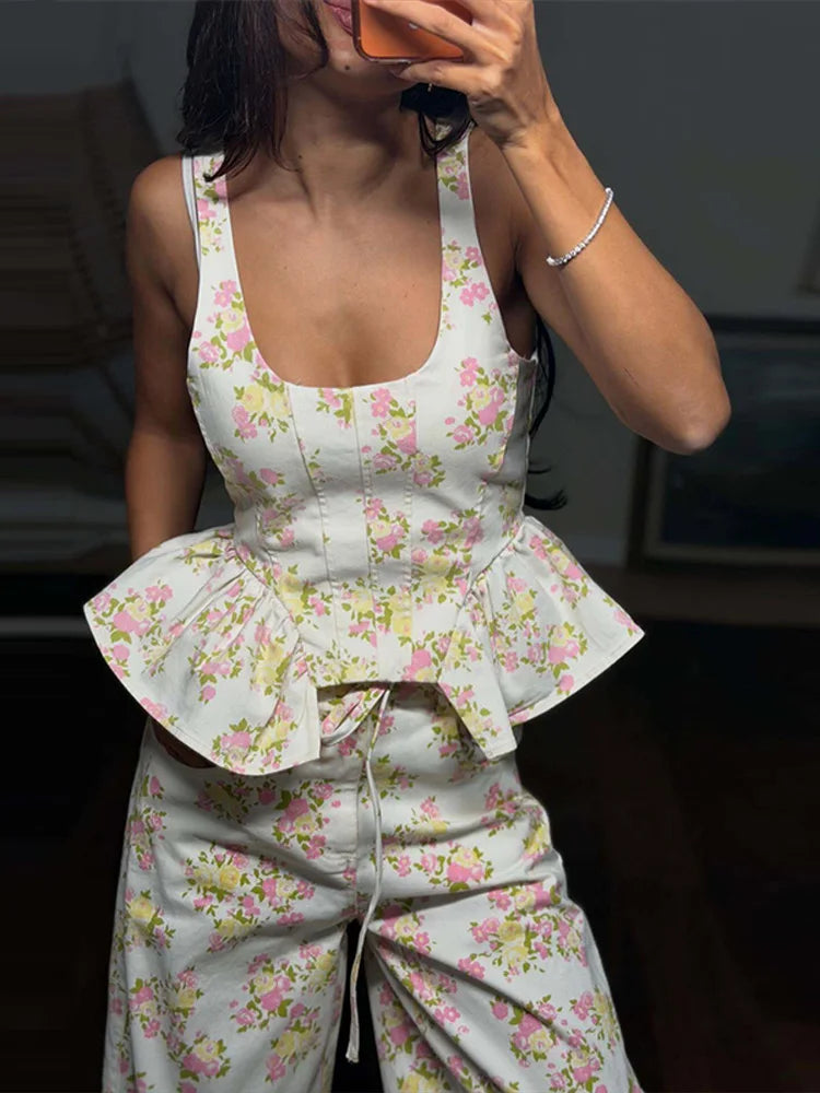 Ruffle Floral Top & Lace-Up Pants Set — Women's 2-Piece