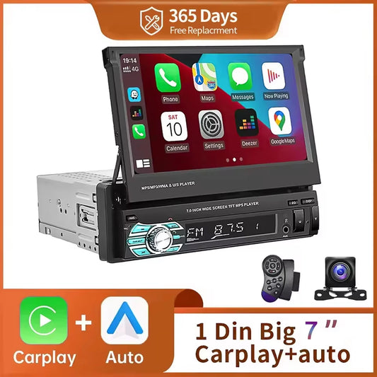 7" Single DIN Retractable Car Stereo with Apple CarPlay & Android Auto
