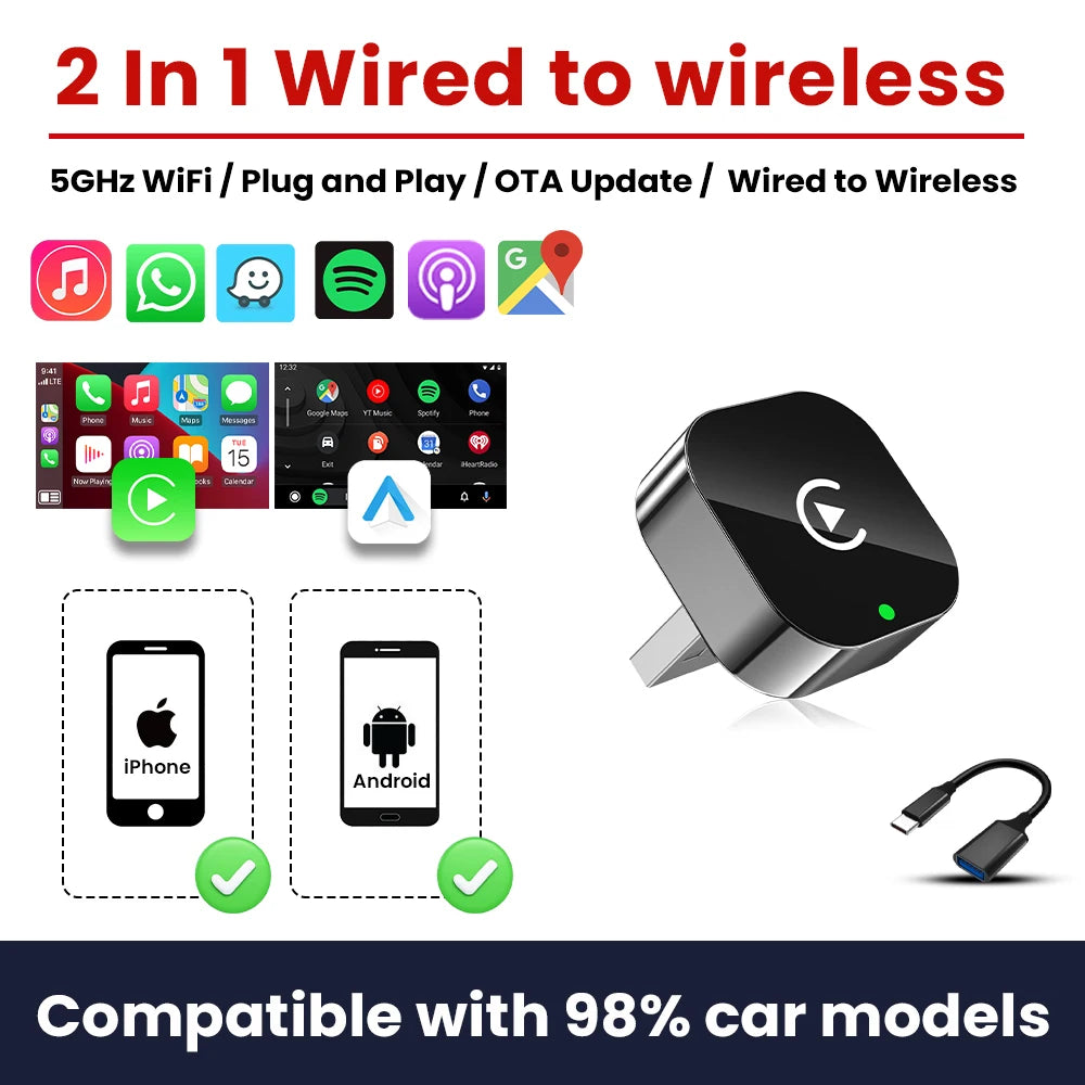 2in1 Wireless CarPlay Adapter Android Auto Dongle Bluetooth Plug&Play Car Intelligent System Suitable For Audi MG Kia VW GMC