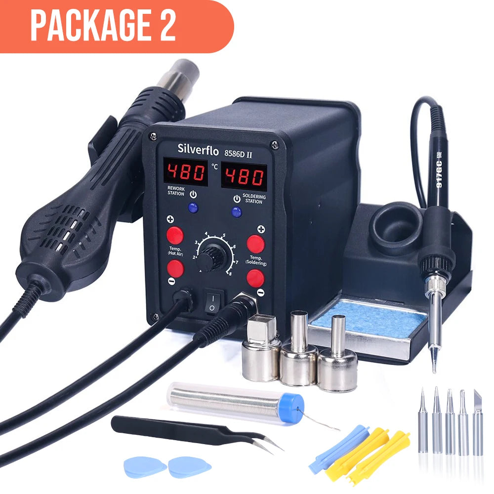 Silverflo 8586D-II Soldering Station 2 IN 1 Soldering Iron Hot Air Station Welding Rework Station with10-Minute Sleep Mode