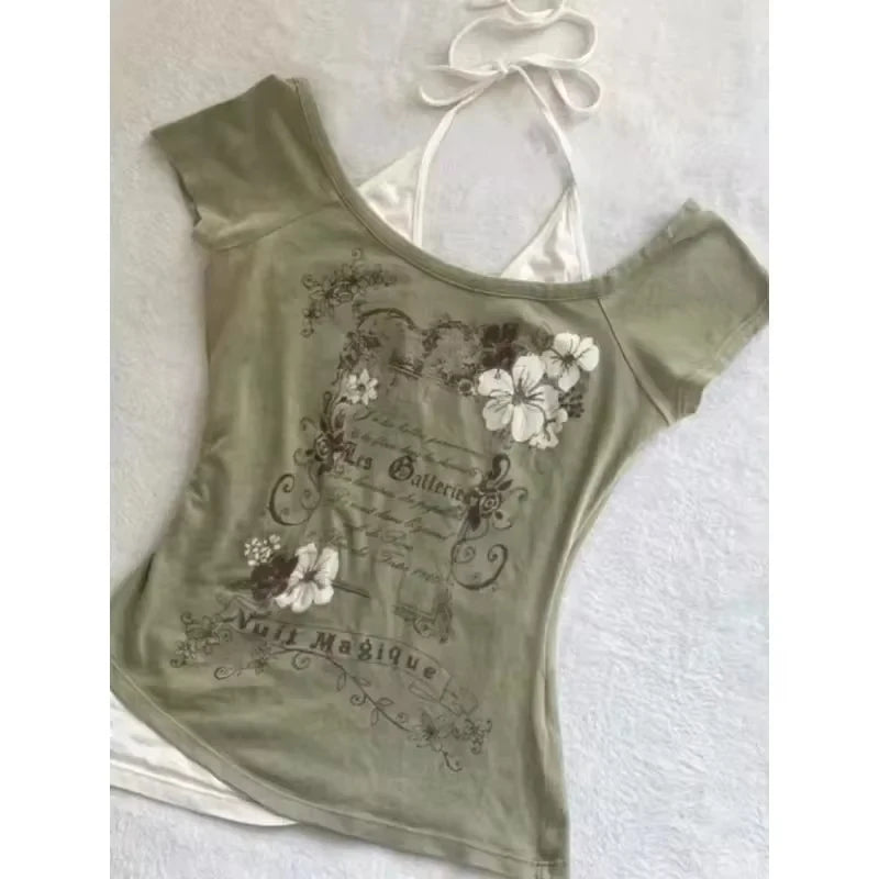 Women's Vintage Harajuku V-Neck Backless Crop T-Shirt – Grunge Y2K Patchwork Subculture Tee