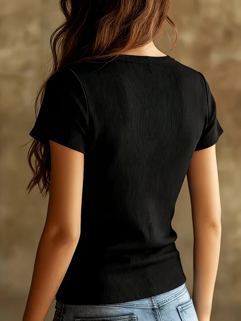 Women's mesh panel ribbed top, slim V-neck — view 7 of 7