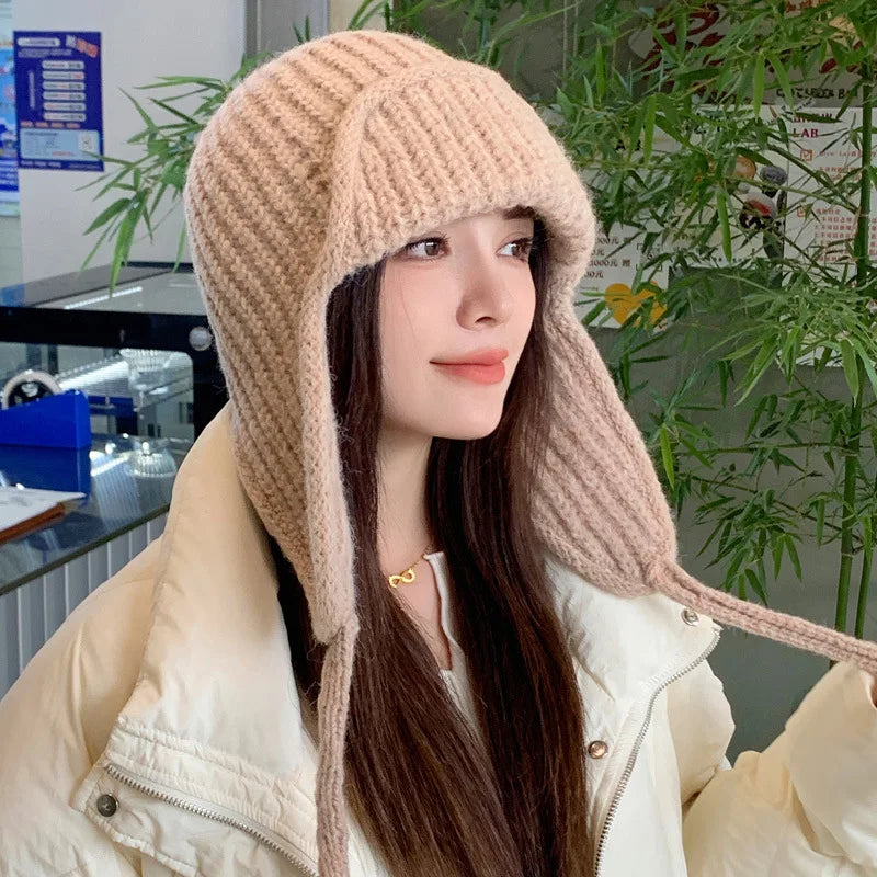 Winter Warm Knitted Hat Women  Earflap Beanie Super Soft Thickened Windproof Cold Weather Fashion Cap for Autumn Thick