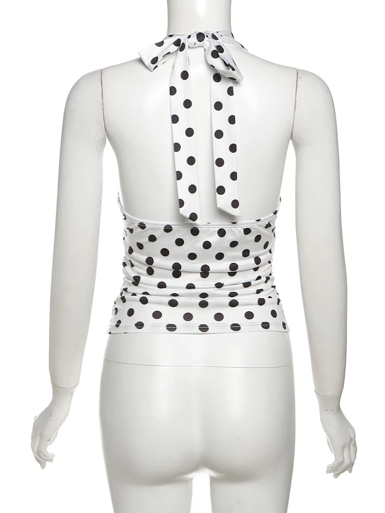 Women's Polka Dot Halter Tank Top – Lace-Up Backless V-Neck Skinny Y2K Streetwear Vest