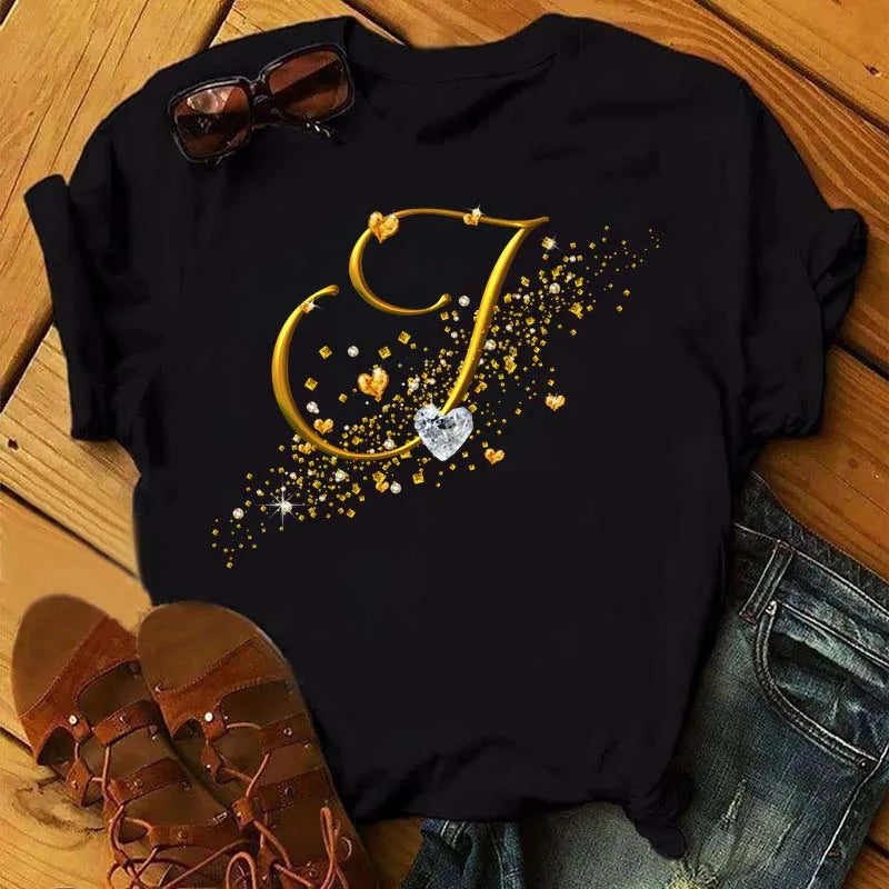 Women's Personalized Letter Graphic Tee — Gold Diamond-Font Monogram Short-Sleeve Top
