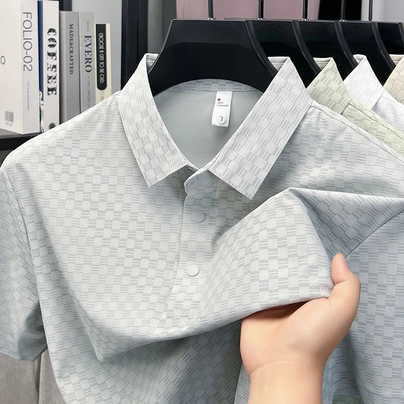Men's Hollow-Grid Polo - Lapel Three-Button, Breathable Stretch