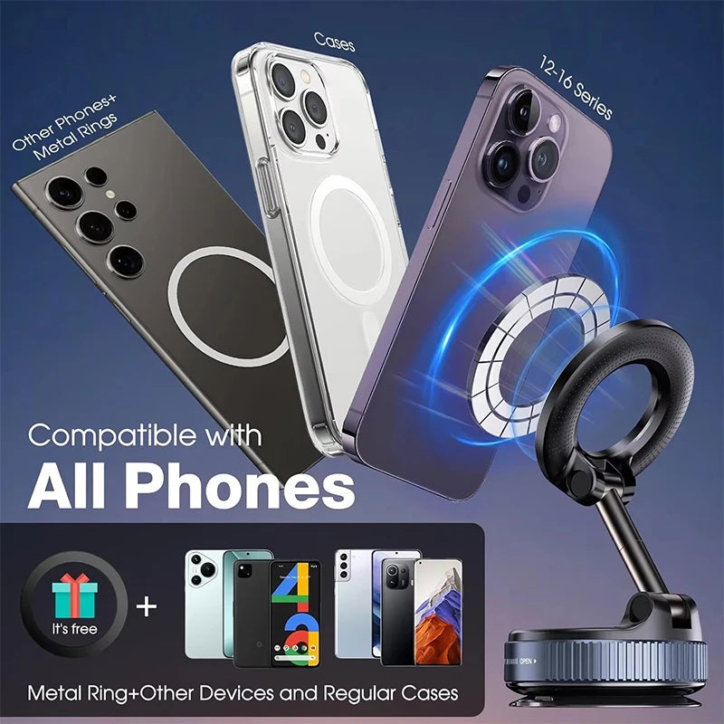 360° Magnetic Car Phone Holder – MagSafe Compatible, Vacuum Suction, 16-Magnet Mount | Universal 4.7"+ | Dashboard & Windshield
