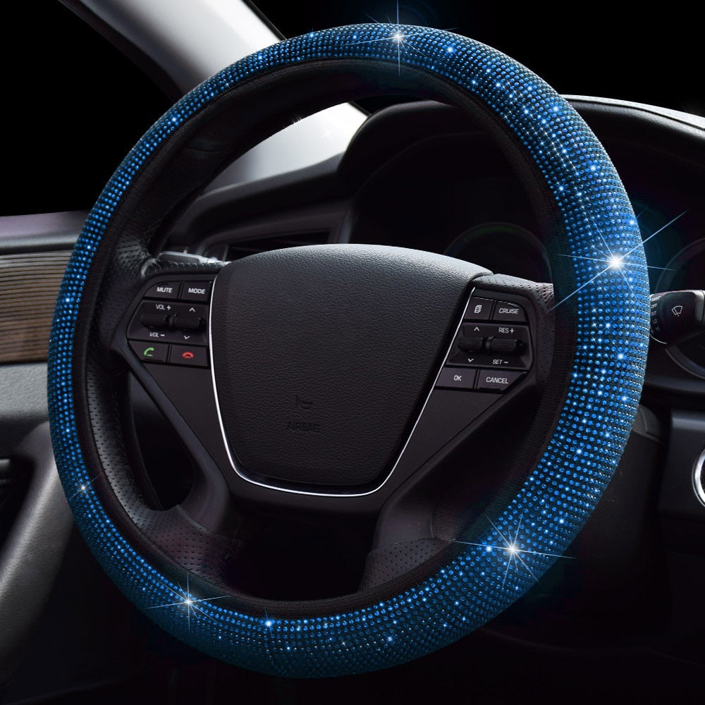 38cm Universal Car SUV Breathable Anti-Slip Bling Rhinestones Steering Wheel Cover for Women Girl with Crystal Diamond Sparkling