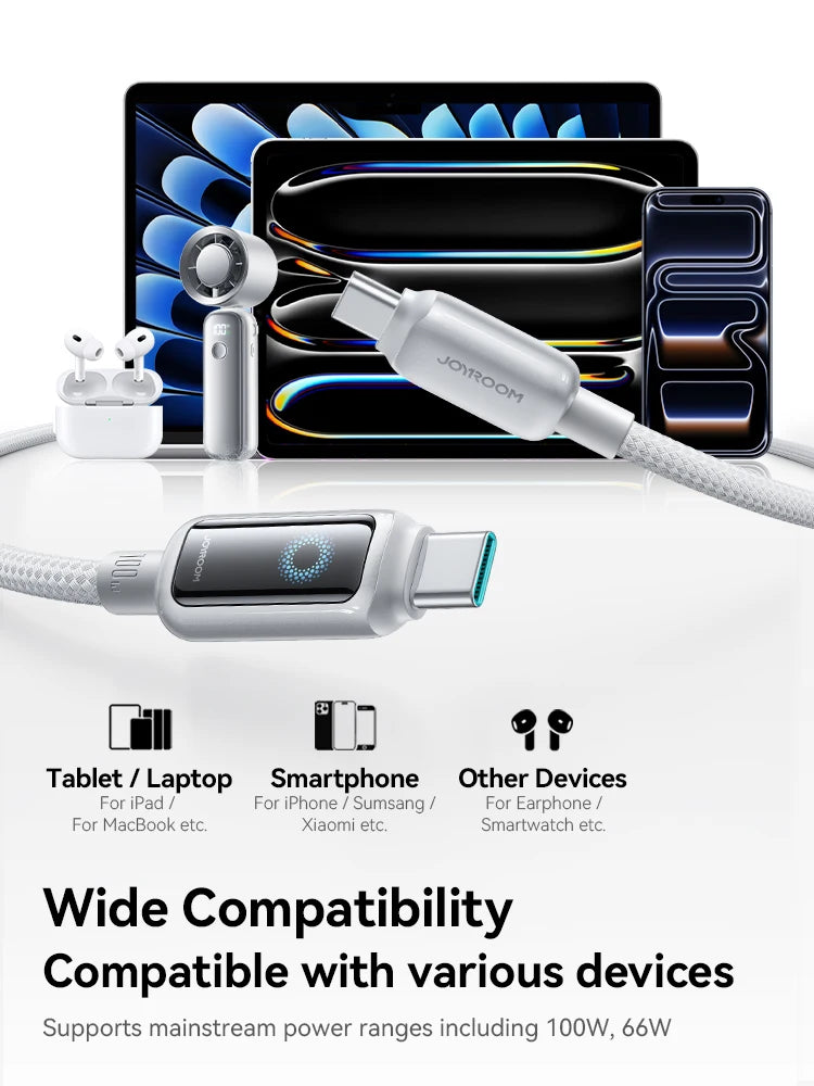 Joyroom 100W USB C Cable Automatic Power Off Fast Charge Type C Cable For iPhone 16 15 Pro Max  Xiaomi Sumsang Huawei