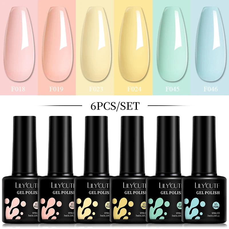 LILYCUTE 6Pcs 7ML Gel DIY Nails Polish Set Bright Pink Nail Charms Soak Off UV LED Gel Varnish Nail Art Design Accessories
