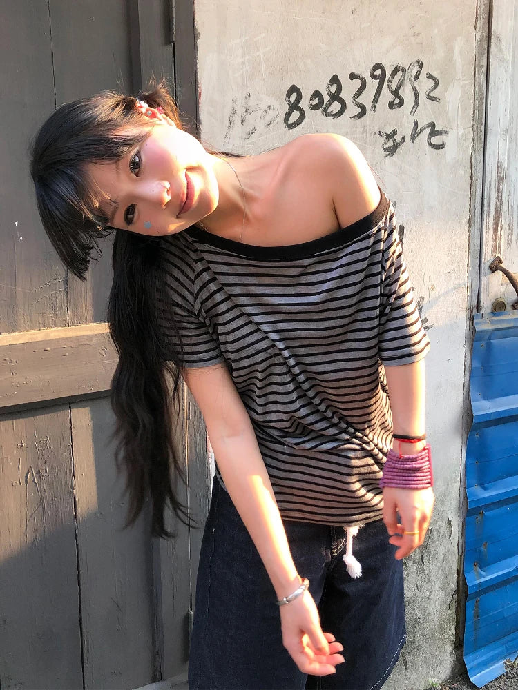 Tonngirls Y2K Striped Off-Shoulder Tee - Women's Grunge Streetwear Top