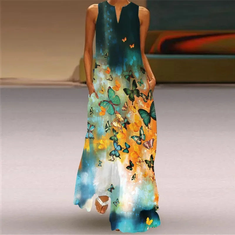 Women's Sleeveless V-Neck Maxi Dress — Vintage Print Loose Sundress with Pockets (Plus Size)