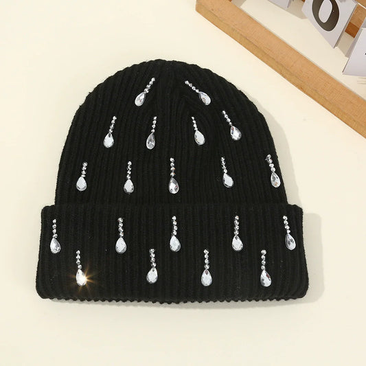 Women's Knit Beanie with Rhinestones and Pearls - Winter Hat