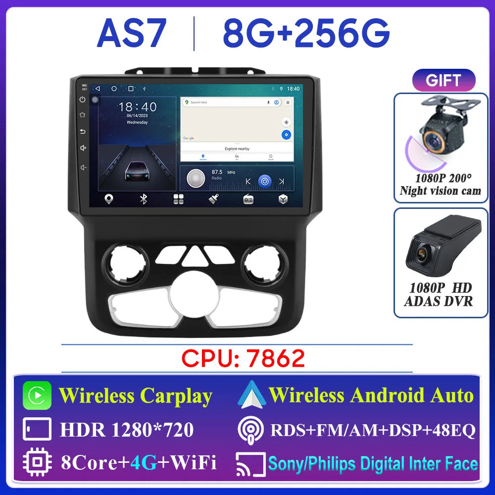 For Dodge Ram 1500 2500 3500 2013-2018 Car Radio Navigation GPS Carplay Stereo Android Auto Multimedia Player DVD Bluetooth 5G