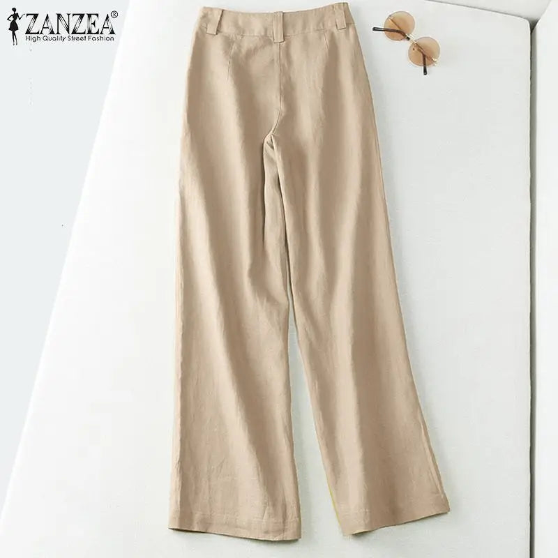 ZANZEA 2026 Spring Summer Cotton Linen Pants Women Long Trousers Wide Leg Plain Holiday Casual Pants Streetwear Fashion Bottoms
