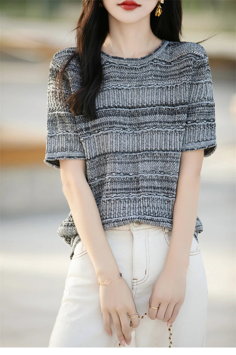 Women's T-Shirt Summer 100% Cotton Sweater Short Sleeve Striped Knitted Round Neck Ladies Tops Loose Blouse Pullover Tees