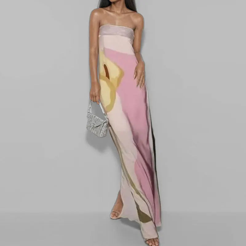 2026 Summer Women Strapless Backless Flower Printed Long Dress Women Sleeveless Off Shoulder Vestidos Plus Size S-3XL Streetwear
