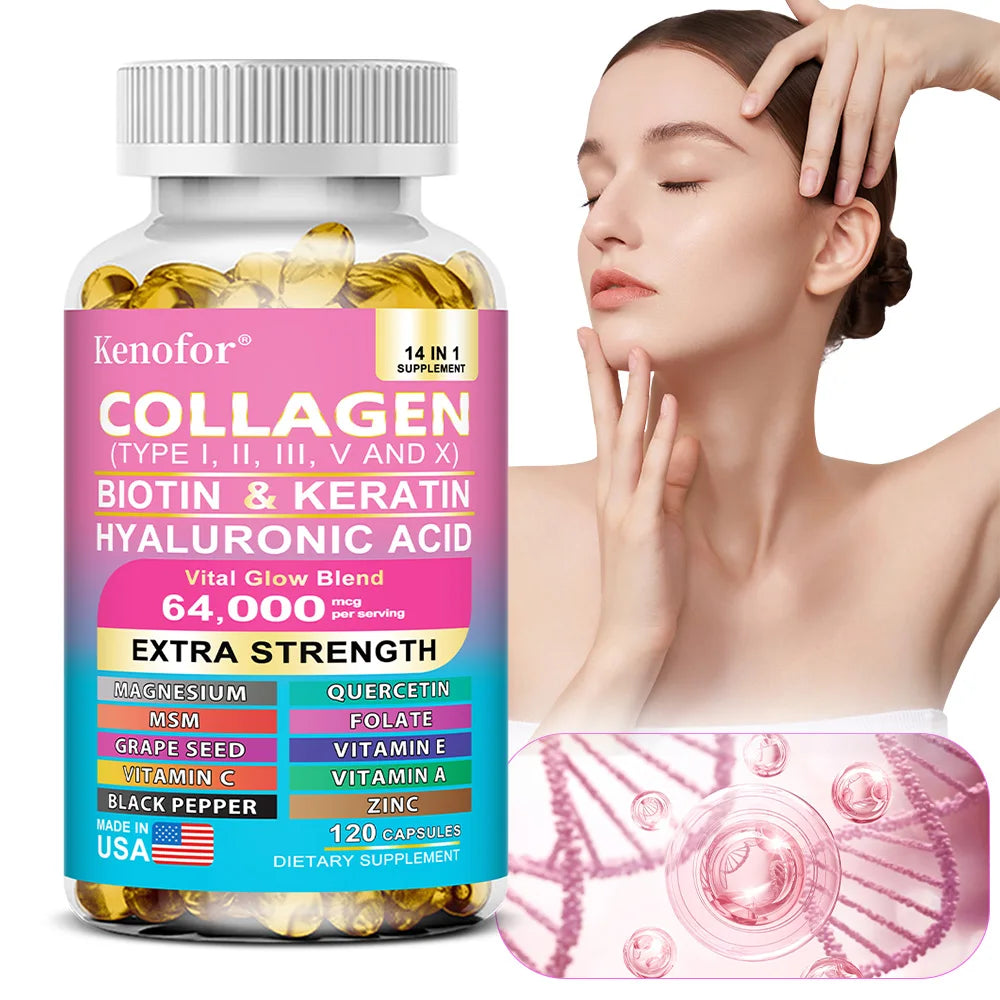 Kenofor 14-in-1 Collagen Capsules – Biotin, Keratin, Hyaluronic Acid, Vitamins A/C/E | Anti-Aging Skin, Hair & Nails Supplement | 30/60/120 Count