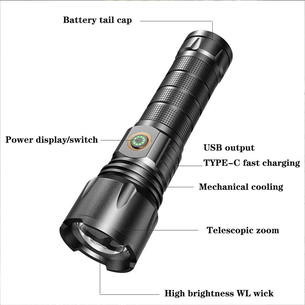 USB Rechargeable 30W High Power LED Flashlight Waterproof 5 Modes Tactical Torch Super Long Shot for Outdoor Camping