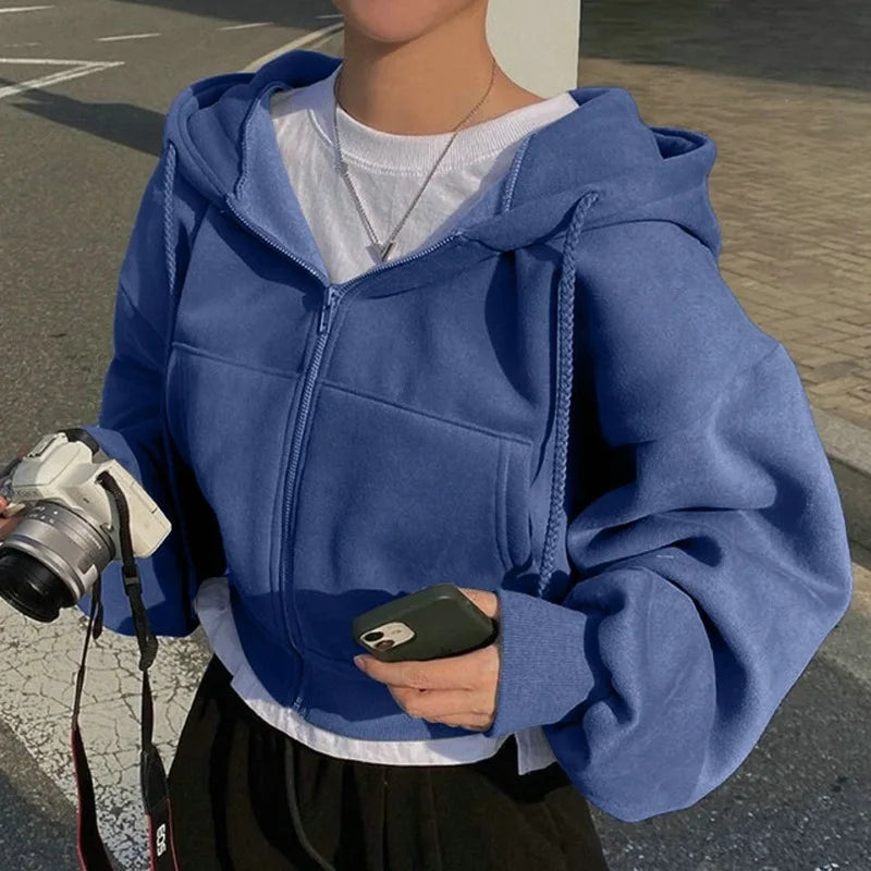 Women's Fleece-Lined Cropped Zip-Up Hoodie