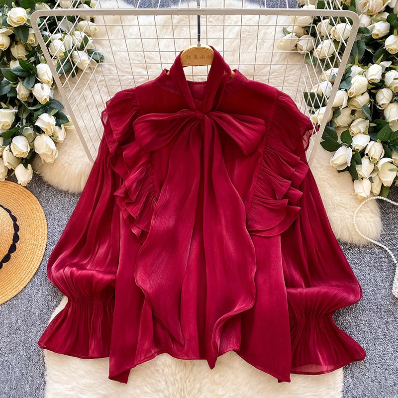 Women's Bow Chiffon Blouse - Ruffle Hem Long Sleeve Top - photo 10
